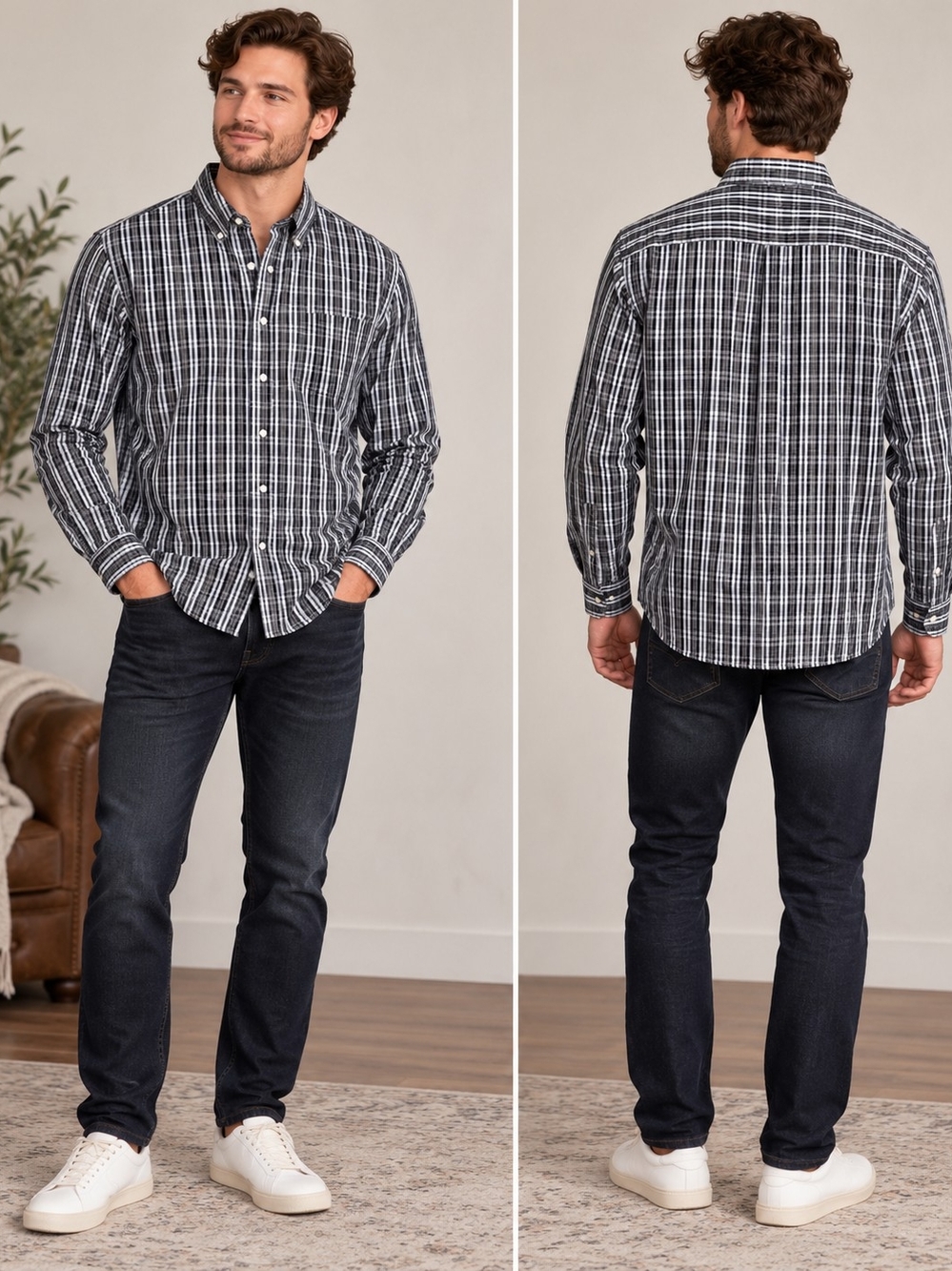 Chaps Men's Long Sleeve Plaid Button Down Shirt Black White Size L 100% Cotton